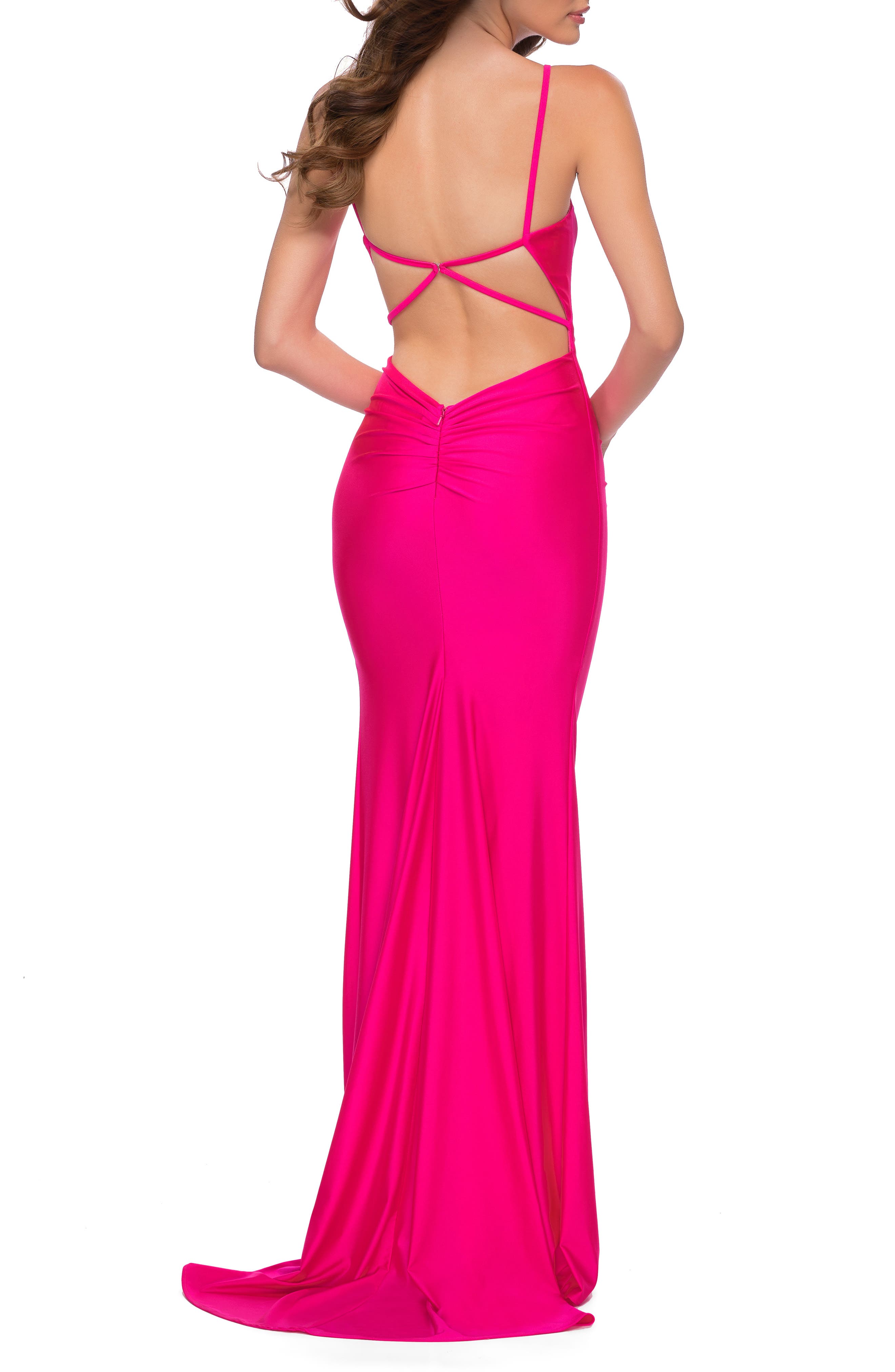Le Femme Neon Pink Ruched Jersey Gown ...